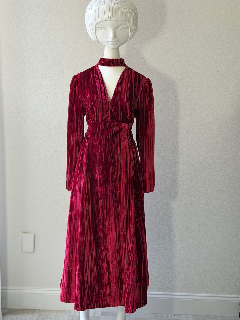 Vintage Pierre Balmain Velvet Long-Sleeve V-Neck Maxi Dress in Wine Red